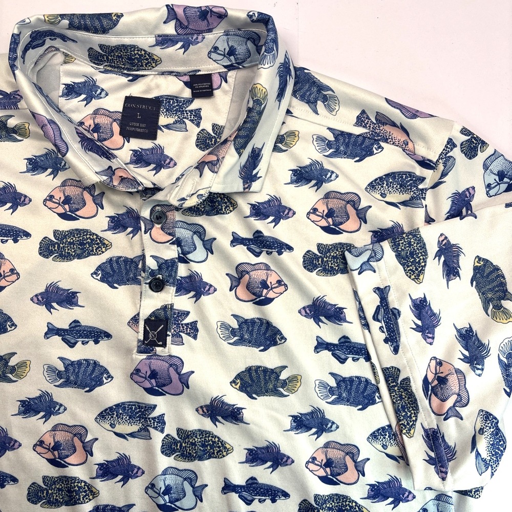 ConStruct Polo Shirt Mens Large Colorful Fish AOP Golf Performance Quick Dry